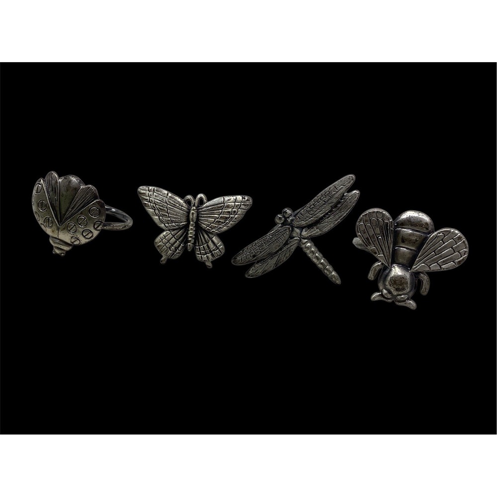 Pewter Napkin Ring Holders Insects Set Of 4 Ladybug Bee Butterfly & Dragonfly